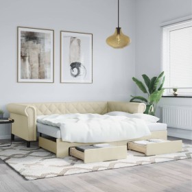 Trundle sofa bed with drawers cream synthetic leather 90x200 cm by vidaXL, Beds and slatted bases - Ref: Foro24-3197733, Pric...