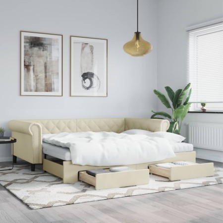 Trundle sofa bed with drawers cream synthetic leather 90x200 cm by vidaXL, Beds and slatted bases - Ref: Foro24-3197737, Pric...