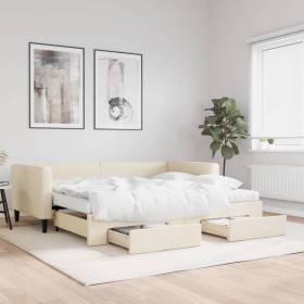 Trundle sofa bed with drawers cream fabric 90x200 cm by vidaXL, Beds and slatted bases - Ref: Foro24-3196636, Price: 589,99 €...