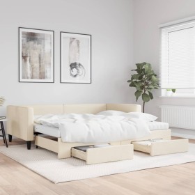 Trundle sofa bed with drawers cream fabric 100x200 cm by vidaXL, Beds and slatted bases - Ref: Foro24-3196641, Price: 564,99 ...