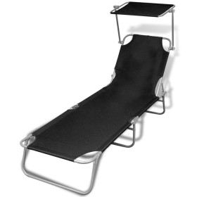 Folding sun lounger with canopy, steel frame and black fabric by vidaXL, Loungers - Ref: Foro24-41197, Price: 62,23 €, Discou...