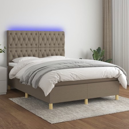 Boxspringbett mit Matratze und LED-Leuchten aus taupegrauem Stoff 140x200 cm von vidaXL, Betten und Lattenroste - Ref: Foro24...