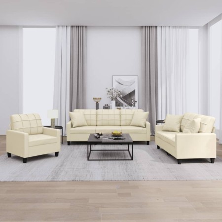 Cream-colored synthetic leather 3-piece sofa set with cushions by , Sofas - Ref: Foro24-3201349, Price: 635,54 €, Discount: %