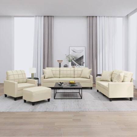 Cream-colored synthetic leather 4-piece sofa set with cushions by , Sofas - Ref: Foro24-3201354, Price: 692,00 €, Discount: %