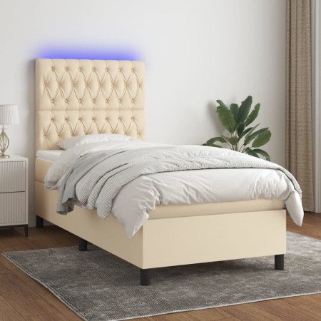 Box spring bed mattress and LED lights cream fabric 90x200 cm by , Beds and slatted bases - Ref: Foro24-3135090, Price: 384,2...