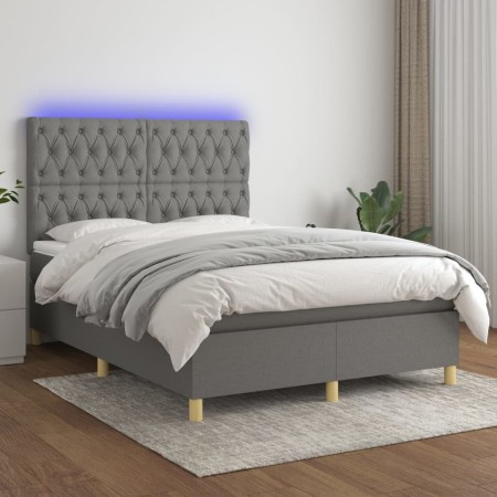 Cama box spring colchón y luces LED tela gris oscuro 140x190 cm de , Camas y somieres - Ref: Foro24-3135670, Precio: 565,29 €...