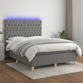 Box spring bed mattress and LED lights dark gray fabric 140x200 cm by , Beds and slatted bases - Ref: Foro24-3135678, Price: ...