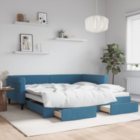 Trundle sofa bed with drawers blue velvet 100x200 cm by , Beds and slatted bases - Ref: Foro24-3197825, Price: 374,99 €, Disc...