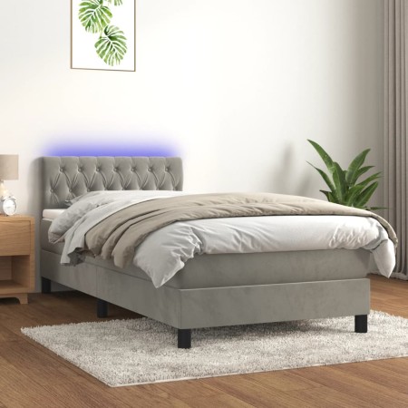 Cama box spring colchón y LED terciopelo gris claro 100x200 cm de , Camas y somieres - Ref: Foro24-3134567, Precio: 367,63 €,...