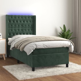 Cama box spring colchón y LED terciopelo verde oscuro 90x190 cm de , Camas y somieres - Ref: Foro24-3139718, Precio: 388,99 €...