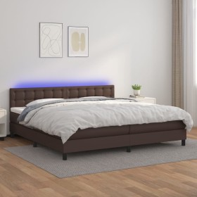 Box spring bed with mattress and LED brown synthetic leather 200x200 cm by , Beds and slatted bases - Ref: Foro24-3134246, Pr...