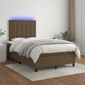 Box spring bed with mattress and LED dark brown fabric 120x200 cm by , Beds and slatted bases - Ref: Foro24-3135184, Price: 4...