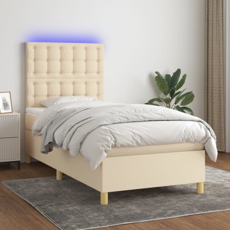 Boxspringbett-Matratze und LED-Leuchten, cremefarbener Stoff, 90 x 200 cm von , Betten und Lattenroste - Ref: Foro24-3135730,...