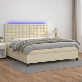 Box spring bed with mattress and LED cream synthetic leather 200x200 cm by , Beds and slatted bases - Ref: Foro24-3135965, Pr...