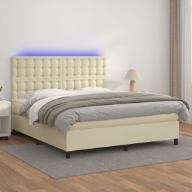 Box spring bed with mattress and LED cream synthetic leather 180x200 cm by , Beds and slatted bases - Ref: Foro24-3135959, Pr...