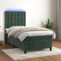 Cama box spring colchón y LED terciopelo verde oscuro 90x200 cm