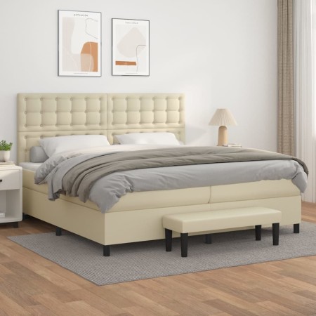 Box spring bed with cream synthetic leather mattress 200x200 cm