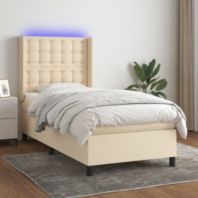 Cama box spring colchón y luces LED tela crema 90x200 cm de , Camas y somieres - Ref: Foro24-3138610, Precio: 372,30 €, Descu...