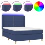 Cama box spring colchón y luces LED tela azul 140x190 cm