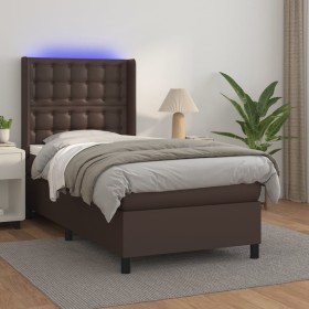 Cama box spring y colchón LED cuero sintético marrón 90x200 cm de , Camas y somieres - Ref: Foro24-3139364, Precio: 395,57 €,...