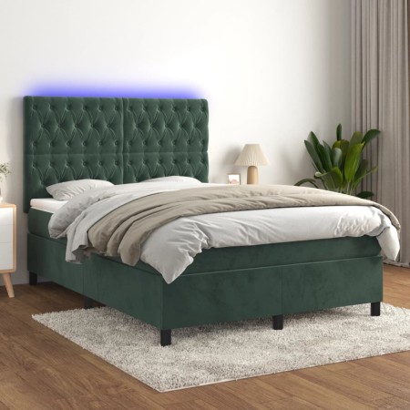 Cama box spring colchón y LED terciopelo verde oscuro 140x200cm de , Camas y somieres - Ref: Foro24-3136308, Precio: 553,96 €...