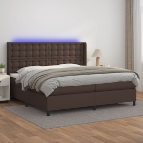 Box spring bed with mattress and LED brown synthetic leather 200x200 cm by , Beds and slatted bases - Ref: Foro24-3139406, Pr...