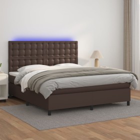 Box spring bed with mattress and LED brown synthetic leather 180x200 cm by , Beds and slatted bases - Ref: Foro24-3135960, Pr...