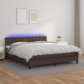 Cama box spring colchón y LED cuero sintético marrón 180x200 cm de , Camas y somieres - Ref: Foro24-3134240, Precio: 572,99 €...