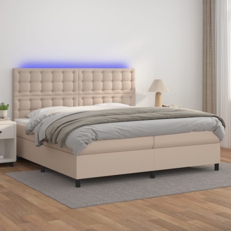 Box spring bed LED mattress cappuccino synthetic leather 200x200cm by , Beds and slatted bases - Ref: Foro24-3135968, Price: ...