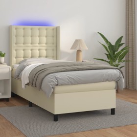 Box spring bed with mattress and LED cream synthetic leather 100x200 cm by , Beds and slatted bases - Ref: Foro24-3139369, Pr...