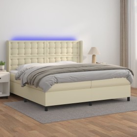 Box spring bed with mattress and LED cream synthetic leather 200x200 cm by , Beds and slatted bases - Ref: Foro24-3139405, Pr...