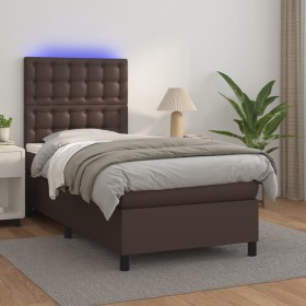 Cama box spring colchón y LED cuero sintético marrón 100x200 cm de , Camas y somieres - Ref: Foro24-3135930, Precio: 403,99 €...