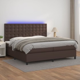 Box spring bed with mattress and LED brown synthetic leather 200x200 cm by , Beds and slatted bases - Ref: Foro24-3135966, Pr...