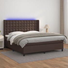 Box spring bed with mattress and LED brown synthetic leather 180x200 cm by , Beds and slatted bases - Ref: Foro24-3139400, Pr...