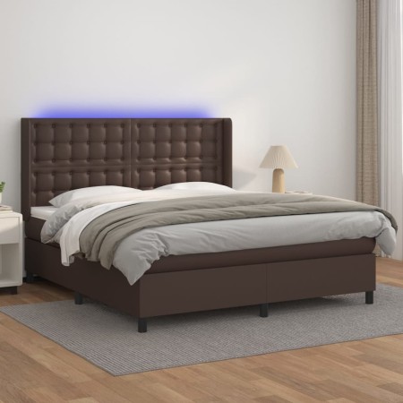 Cama box spring colchón y LED cuero sintético marrón 180x200 cm de , Camas y somieres - Ref: Foro24-3139400, Precio: 676,92 €...