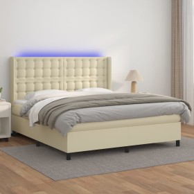 Box spring bed with mattress and LED cream synthetic leather 180x200 cm by , Beds and slatted bases - Ref: Foro24-3139399, Pr...