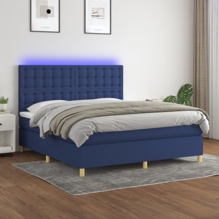 Cama box spring colchón y luces LED tela azul 160x200 cm de , Camas y somieres - Ref: Foro24-3135771, Precio: 570,81 €, Descu...