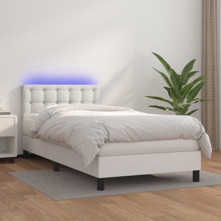 Box spring bed with mattress and LED white synthetic leather 100x200 cm by , Beds and slatted bases - Ref: Foro24-3134208, Pr...