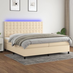 Cama box spring colchón y luces LED tela crema 200x200 cm de , Camas y somieres - Ref: Foro24-3135226, Precio: 692,99 €, Desc...