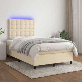 Box spring bed with mattress and LED cream fabric 120x200 cm by , Beds and slatted bases - Ref: Foro24-3135186, Price: 445,76...