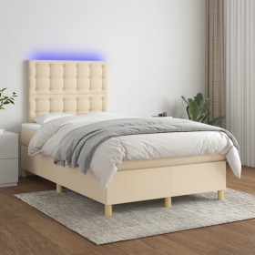 Box spring bed with mattress and LED cream fabric 120x200 cm by , Beds and slatted bases - Ref: Foro24-3135746, Price: 436,81...