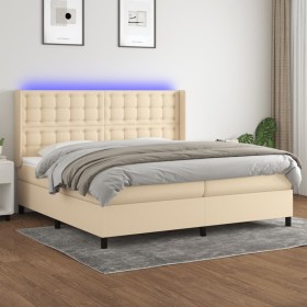 Box spring bed mattress and LED lights cream fabric 200x200 cm by , Beds and slatted bases - Ref: Foro24-3138666, Price: 714,...