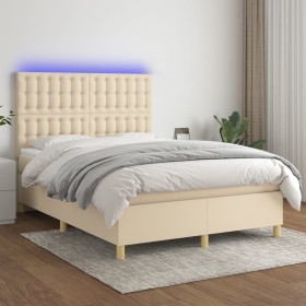 Box spring bed mattress and LED lights cream fabric 140x190 cm by , Beds and slatted bases - Ref: Foro24-3135754, Price: 538,...