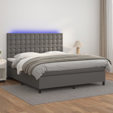 Cama box spring colchón y LED cuero sintético gris 160x200 cm de , Camas y somieres - Ref: Foro24-3135955, Precio: 573,53 €, ...