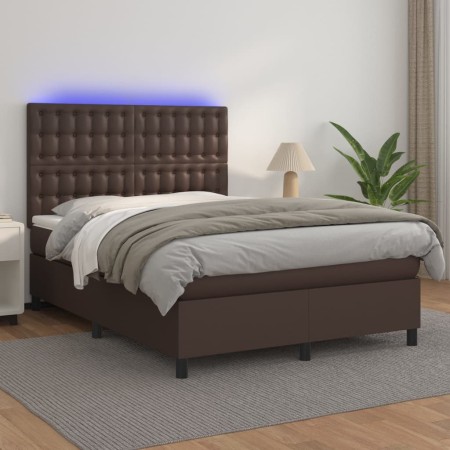 Cama box spring colchón y LED cuero sintético marrón 140x200 cm de , Camas y somieres - Ref: Foro24-3135948, Precio: 492,52 €...