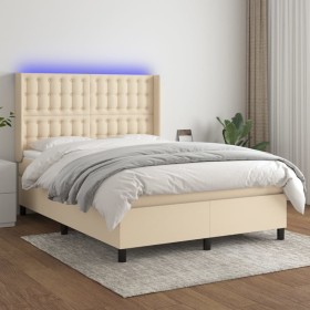 Box spring bed mattress and LED lights cream fabric 140x190 cm by , Beds and slatted bases - Ref: Foro24-3138634, Price: 542,...