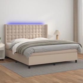 Box spring bed LED mattress cappuccino synthetic leather 160x200cm by , Beds and slatted bases - Ref: Foro24-3139396, Price: ...