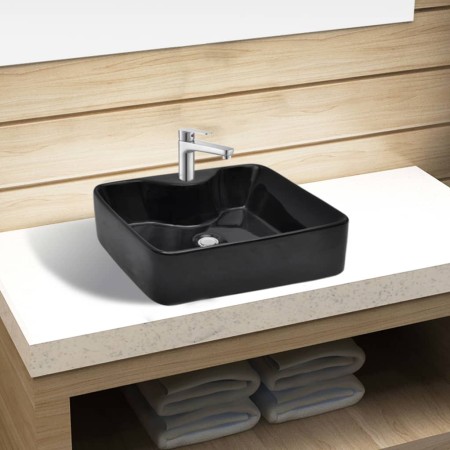 Lavabo de cerámica cuadrado con orificio de grifo/desagüe negro de vidaXL, Lavabos - Ref: Foro24-141937, Precio: 71,14 €, Des...