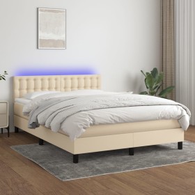 Boxspringbett-Matratze und LED-Leuchten, cremefarbener Stoff, 140 x 190 cm von , Betten und Lattenroste - Ref: Foro24-3133474...