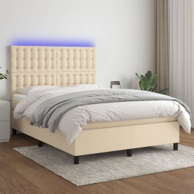 Box spring bed mattress and LED lights cream fabric 140x200 cm by , Beds and slatted bases - Ref: Foro24-3135202, Price: 527,...